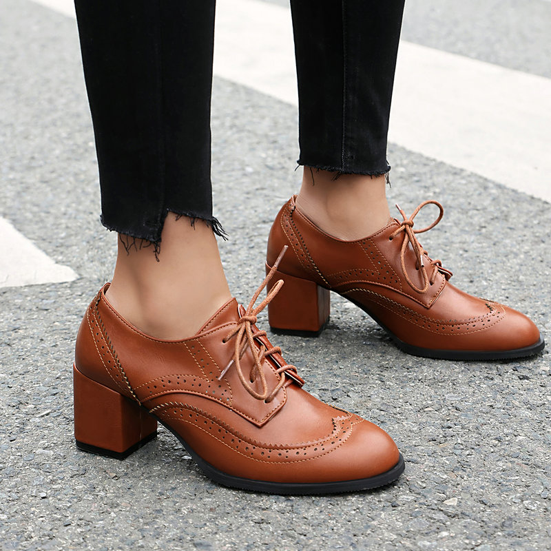 Oxford Lace Up Women - Большие размеры 36–48, коричнево-черные женские туфли-лодочки